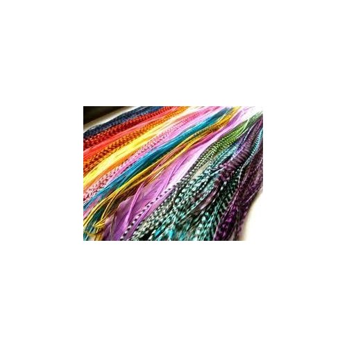 Feather Hair Extension – Vivid Grizzly and Solid Color Block Mix, 20 Individual Loose Feathers, All Ranging From 7 to 11 Inches in Length, Includes 10 Silicone Crimp Beads