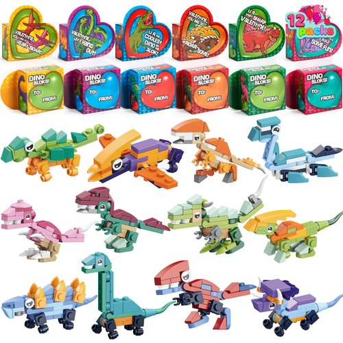 JOYIN 12 Packs Valentines Party Favors Dinosaur Building Blocks Toys with Heart Boxes for Valentine Kids Classroom Exchange, Prize Supplies, Valentine’s Gifts Exchange School Rewards