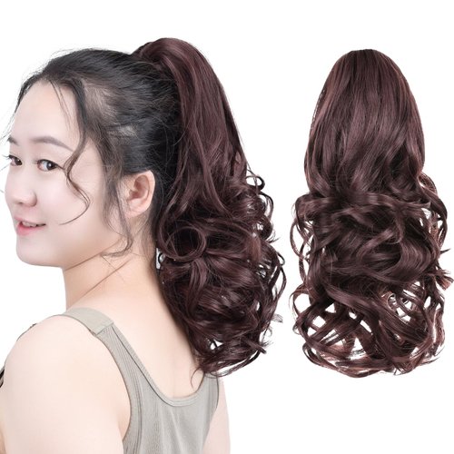 SYXLCYGG Clip Ponytail Claw Clip Dark Red Brown Pony Tails Extension Wavy 14" 4.3 OZ Synthetic Fake Hair pieces Women Easy To Use Like Real Hair Yaki Fluffy