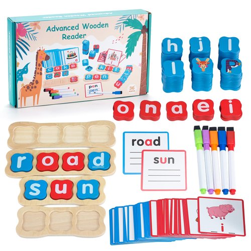 Veais Wooden CVC Word Flash Cards, Preschool Kindergarten Learning Activities, Montessori Educational Toys Alphabet Toys for 3-6 Years Old