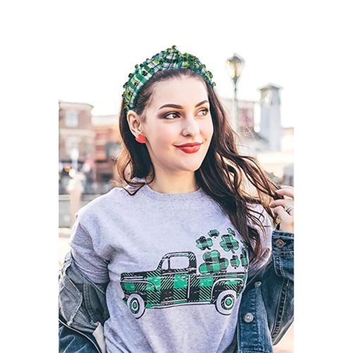 CEALXHENY St. Patrick's Day Headband for Women Green Shamrock Headband Embellished Crystal Rhinestone Knotted Headband St. Patrick's Day Hair Accessories Outfits Irish Holiday Gifts (Green Plaid)