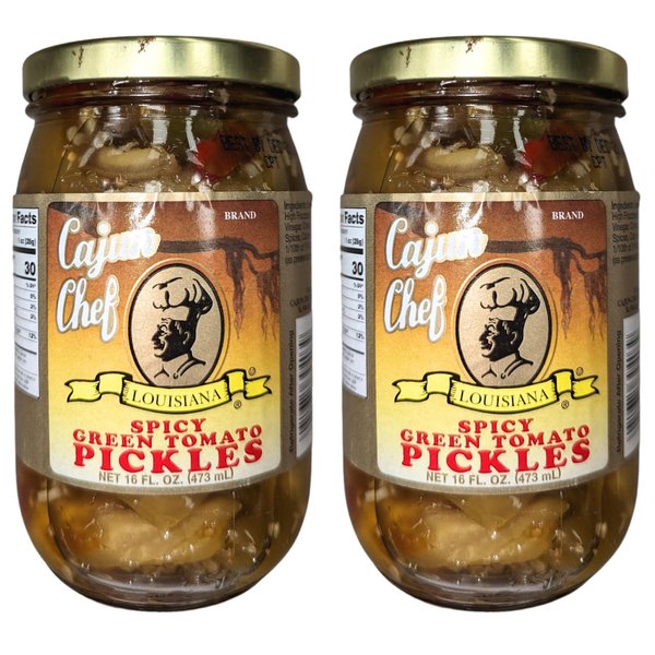 Cajun Chef Spicy Green Tomato Pickles 16oz (Pack of 2) - Tangy and Delicious Side Dish - Perfect Garnish for Any Meal - Fried Green Tomatoes, Salads, Stews, Pizza Topping,