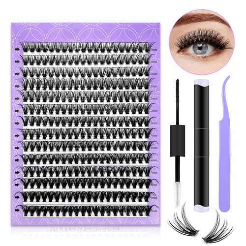 LAKANAKU DIY Lash Extension Kit,280 Pcs Cluster lash Extensions Kit, 10-16mm Mix Wispy Lash Clusters,30D D Curl Lash Clusters Kit with Bond and Seal and Tweezer,Cluster Lash at Home Lash Extension Kit