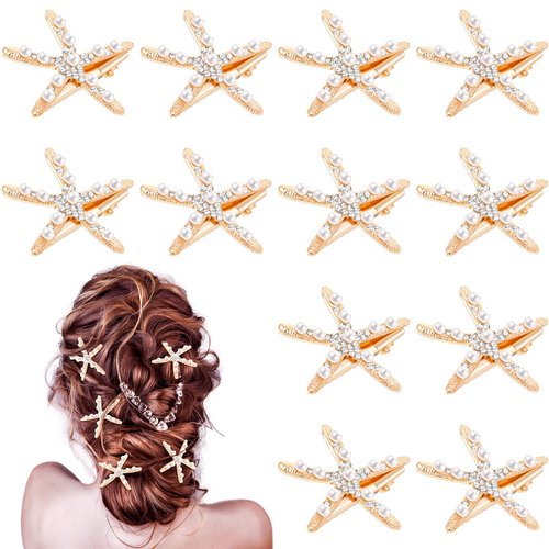 12 Pcs Starfish Hair Clip Seashell Hair Clips Mermaid Hair Accessories Crystal Pearls Starfish Hair Barrette Small Beach Sea Hairpin for Wedding Bridal Women