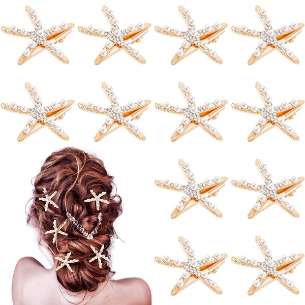 12 Pcs Starfish Hair Clip Seashell Hair Clips Mermaid Hair Accessories Crystal Pearls Starfish Hair Barrette Small Beach Sea Hairpin for Wedding Bridal Women