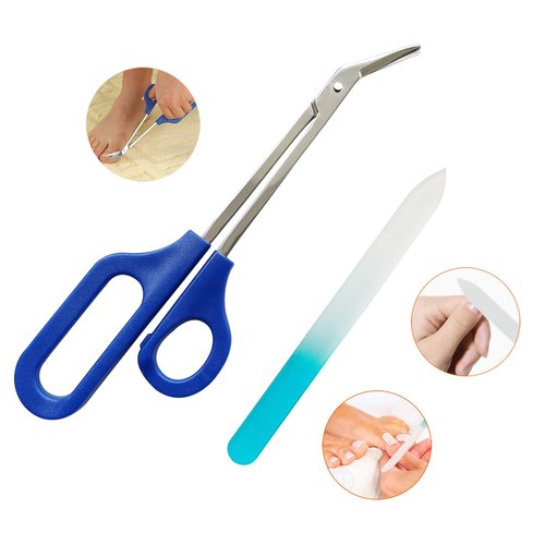 Long Handled Toenail Scissors & Easy Reach Long Handle Clippers for Thick Toe Nail with Glass Nail File Blue