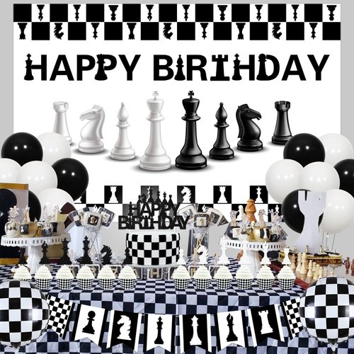 Balterever Chess Birthday Decorations International Chess Birthday Backdrop Banner Chess Theme Banner Garland Table Cloth Chess Birthday Cake Topper Funny Board Game Chess Birthday Party Decor