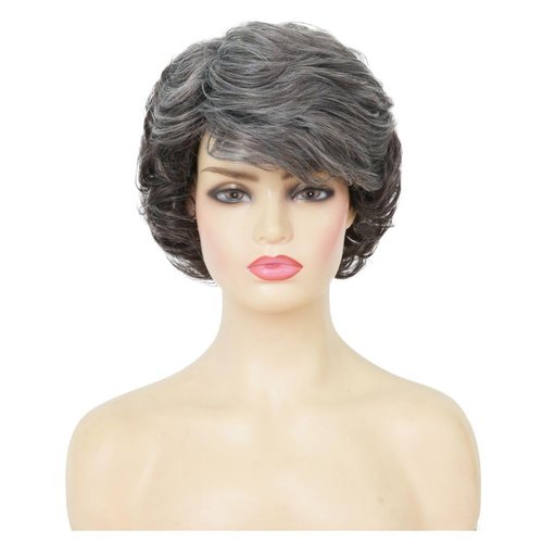 Siudus Grey Short Curly Wigs for Women with Bangs Gray Fluffy Synthetic Hair Wigs Old Lady Natural Looking Cosplay Daily Wig(Black Grey)