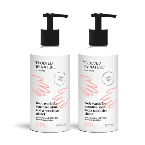 Evolved By Nature Body Wash, Unscented Shower Gel, 12oz (Pack of 2) Gentle, Clinically Proven Body Soap Liquid to Help Sensitive Skin Retain Moisture and Look Smoother, Less Dry, Red & Flaky