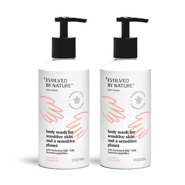 Evolved By Nature Body Wash, Unscented Shower Gel, 12oz (Pack of 2) Gentle, Clinically Proven Body Soap Liquid to Help Sensitive Skin Retain Moisture and Look Smoother, Less Dry, Red & Flaky