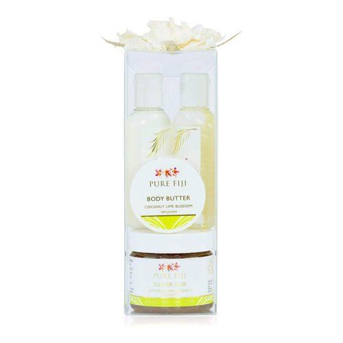 Pure Fiji Spa Gifts for Women and Man - Body Gift Box Include: Sugar Scrub , Bath and Body Oil, Body Butter and Body Lotion, Scent Coconut Lime Blossom