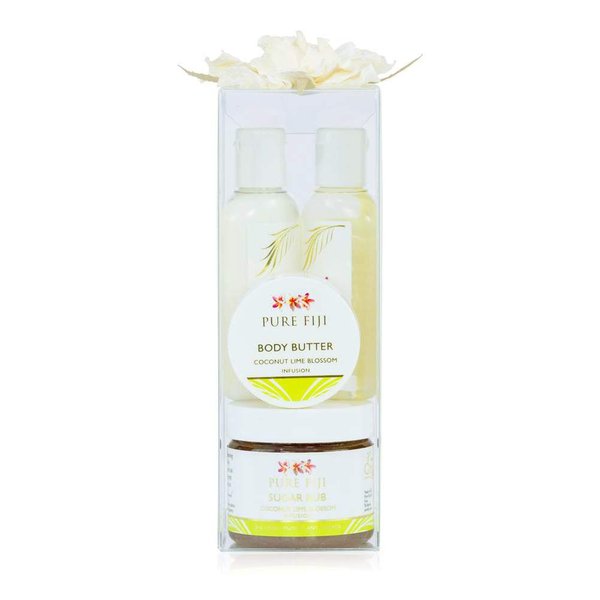 Pure Fiji Spa Gifts for Women and Man - Body Gift Box Include: Sugar Scrub , Bath and Body Oil, Body Butter and Body Lotion, Scent Coconut Lime Blossom