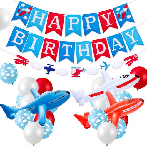 Airplane Birthday Party Supplies 56 Pieces Airplane Themed Party Decoration with Inflatable Airplane Balloons Thick Latex Balloon Happy Birthday Banners Airplane Cloud Balloon Decor