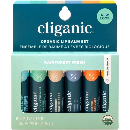 Cliganic USDA Organic Lip Balm Set - 6 Flavors - 100% Natural Moisturizer for Cracked & Dry Lips (Packaging May Vary)