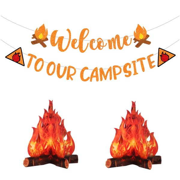 Camping Themed Party Decorations,Pre-strung Glitter Welocme to Our Campsite Banner with 3D Campfire,Camping Hiking Decor Camp Out Bachelorette Party Decorations
