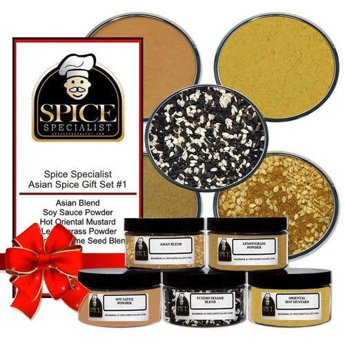 Asian Spice Gift Set #1 - Our Asian Cuisine Set Contains: 5 Plastic Jars (1 each of: Asian Seasoning, Japanese Curry Powder, Soy Sauce Powder, Hot Oriental Mustard & Tuxedo Sesame Seeds)