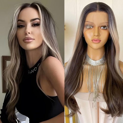 CIMITIKI 13x4 Synthetic Wigs Mixed Brown Highlight Platinum Blonde Lace Front Wig Ombre Long Loose Wave 22Inch for Women Girls