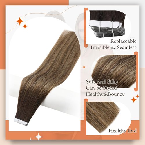 Full Shine Balayage Tape in Hair Extensions Human Hair 14 Inch Tape in Extensions 2/3/27 Brown To Blonde Mixed Brown Ombre Seamless Skin Weft Tape ins Human Hair Extensions Straight Hair 50Gram 20 Pcs