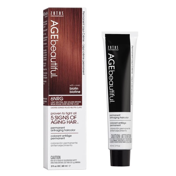 AGE beautiful Permanent Hair Color Dye Liqui Creme | 100% Gray Coverage | Anti-Aging Haircolor | Biotin for Thicker, Fuller Hair | Professional Salon Coloring | 6NRG Light Neutral Red Golden Brown