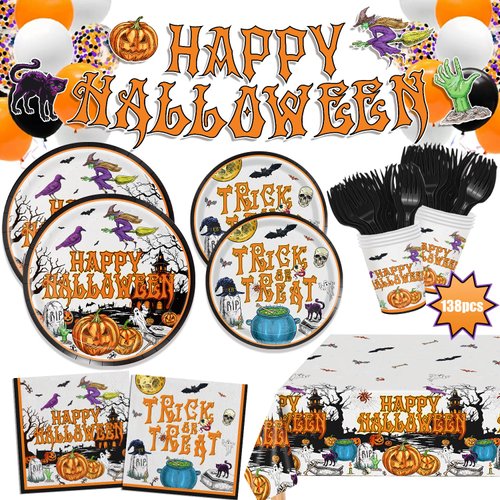 Vintage Halloween Paper Plates and Napkins, Halloween Party Supplies, 138pcs Halloween Tableware Set Includes Halloween Party Plates Cups Napkins Banner Tablecloth for Kids, Serve 24