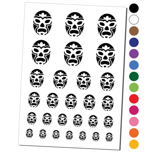 Luchador Mexican Wrestler Mask Lucha Libre Temporary Tattoo Water Resistant Fake Body Art Set Collection - Red (One Sheet)