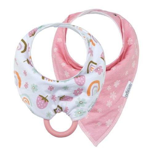 Dr. Brown's Bandana Bibs with Snap-On Removable Teether, Cotton Baby Bib with Soft Fleece Lining for Teething & Drooling, Strawberry Rainbows/Flowers, 2 Pack, 3m+