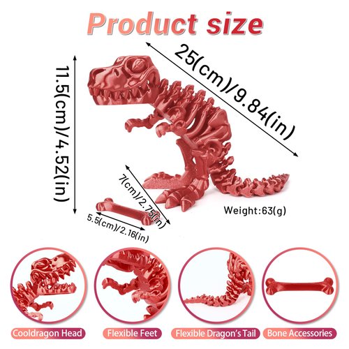 Varuotu 3D Printed Dinosaur Bones 3D Printed Animals Dino Full Articulated T-Rex Toys Home Office Decor Executive Desk Toys Gifts,Adults Fidget Toys for Autism/ADHD (Red.E)