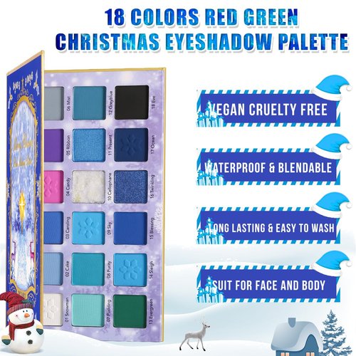Blue Eyeshadow Palette, Christmas Bright Matte Shimmer Blue Pink Purple Makeup Palette, 18 Colors Highly Pigmented Cool Toned Blue Multichrome Make Up Pallet for Women Christmas Winter Gift, Long Last