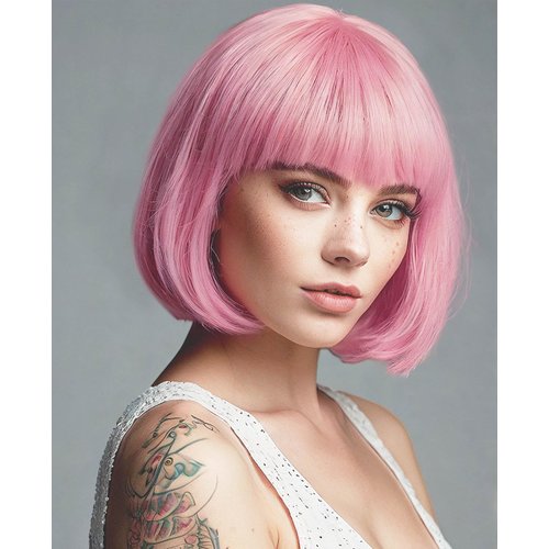 MaxlaceWig Pink Bob Wig with Bangs for Women, 12 Inch Straight Short Synthetic Pink Bob Wigs, Natural Looking Heat Resistant Fiber Bob Wig, Costume Halloween Wigs for Women