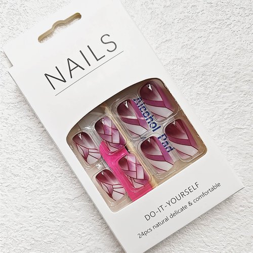 Square Press on Nails Glossy False Nails Short Length Acrylic Nails Geometry Fake Nails Purple and White Glue on Nails with Broken Glass Design Stick on Nails Full Cover Nails for Women 24 Pcs