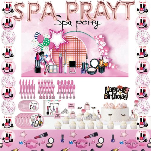 Spa Day Birthday Party Decorations, 127pc Makeup Backdrop Balloon Tablecloth Paper Plates Napkins Forks Spa Happy Birthday Cake Cupcake Topper for Girls 6th 7th 8th 9th 10th Makeup Birthday Supplies