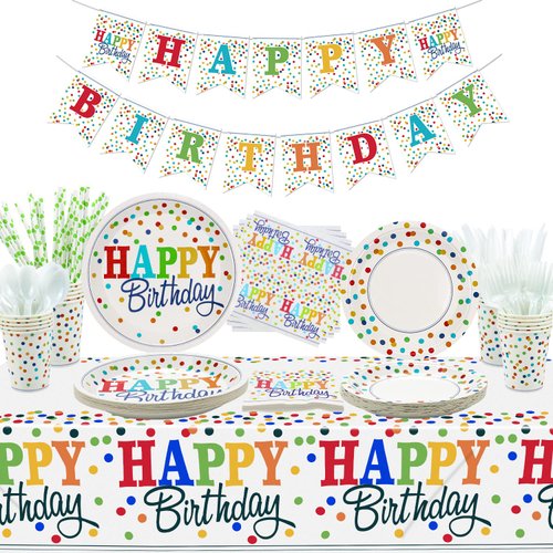 XJLANTTE Rainbow Party Supplies - Birthday Banner, Colorful Mini Polka Dot Paper Plates, Napkins, Cups, Tablecloth, Knives, Fork, Spoon and Straws for Kid Adult Party Decorations, Serves 20 Guests