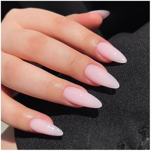 Erolagomat Press on Nails nude pink gradient Almond Fake Nails, Medium Length Acrylic Nails with Jelly Glue, Shiny Glossy Gel False Nails Kits Salon Quality Press ons Stick Glue on Nails Tip,24 Pcs