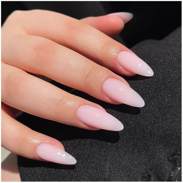 Erolagomat Press on Nails nude pink gradient Almond Fake Nails, Medium Length Acrylic Nails with Jelly Glue, Shiny Glossy Gel False Nails Kits Salon Quality Press ons Stick Glue on Nails Tip,24 Pcs