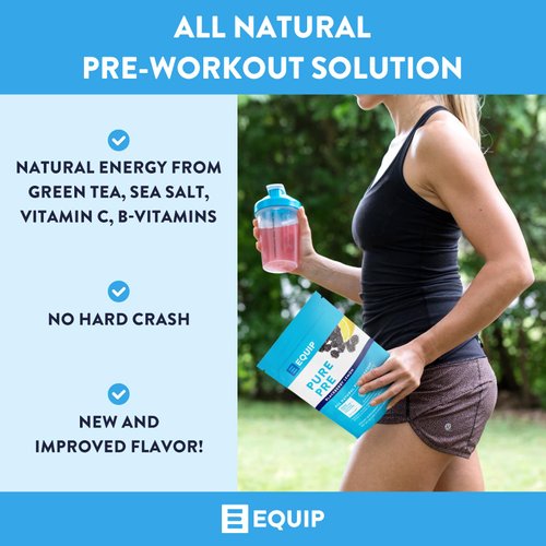 Equip Foods Pure Pre All Natural Pre-Workout Powder | Green Tea Caffeine, Sea Salt, EAA, Vitamin C, B6, B12, L-carnitine, Agnine | Naturally Boosts Workouts | 30 Servings, BlackBerry Lemon Caffeinated