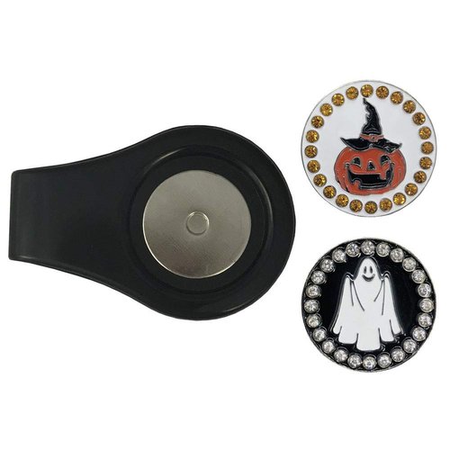Giggle Golf Magnetic Ball Marker Clip with Two Bling Halloween Themed Golf Ball Markers: Pumpkin and Ghost
