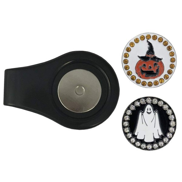 Giggle Golf Magnetic Ball Marker Clip with Two Bling Halloween Themed Golf Ball Markers: Pumpkin and Ghost