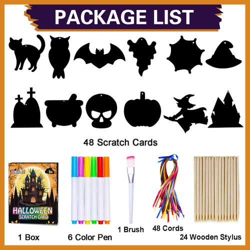 Max Fun Halloween Crafts Scratch Off Art Paper Cards 48Pack, Magic Rainbow Ornaments Hanging Supplies Educational Toys Kit Halloween Party Games Favor