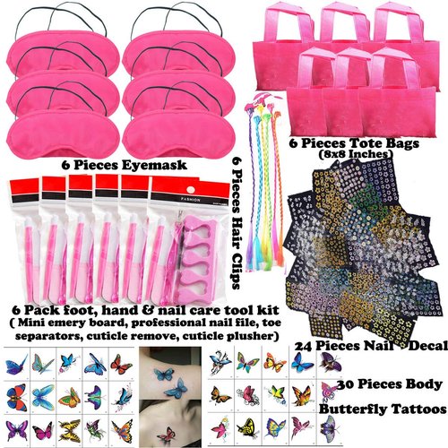 102PCS Spa Party Favors for Girls Women Multiple Spa Supplies Bday Gift - Spa Masks Tote Bags Colored Hair Extensions Body Butterfly Mixed Nail Decal Set Nail File Toe Separator and More Nail Care Kit