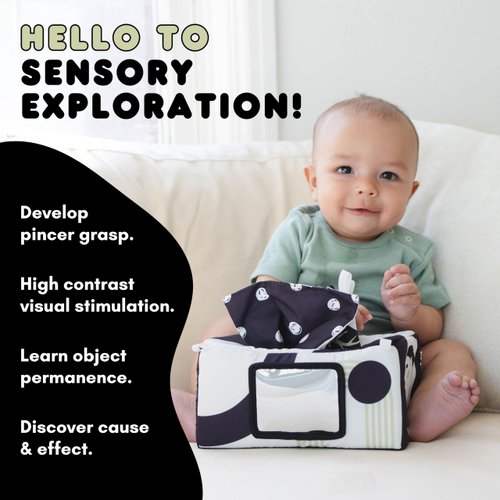 Baby Tissue Box Toy 3-in-1 w/ 10 Hanging Baby Crinkle Paper and Baby Tummy Time Mirror - High Contrast Baby Toys for Newborn - Sensory Montessori Magic Tissue Box Baby Toy - Crinkle Books for Babies