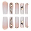 IMRAIN Press on Nails Long Square Gradient Fake Nails Nude White Matte Squoval False Nails with Rhinestone Designs Glue on Nails Full Cover Acrylic Gel Nail Kit Manicure Decoration