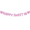 Fulmoon Pre Strung Happy Sweet 16 Banner Glitter Sixteenth Birthday Party Decorations 16th Birthday Party Sign Sweet 16 Party Decorations for Birthday Party Bachelorette Party (Pink)