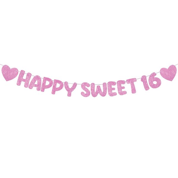 Fulmoon Pre Strung Happy Sweet 16 Banner Glitter Sixteenth Birthday Party Decorations 16th Birthday Party Sign Sweet 16 Party Decorations for Birthday Party Bachelorette Party (Pink)