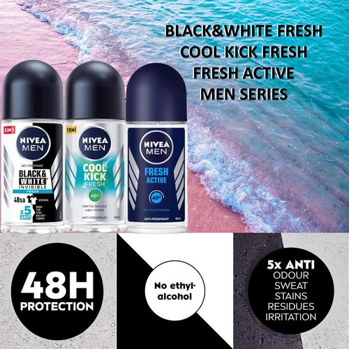 Nivea Cool Kick Fresh, Black&White Fresh Men, Fresh Active Roll On Deodorant, Antiperspirant Deodorant, 48 Hours, 1.7 OZ, Pack of 3