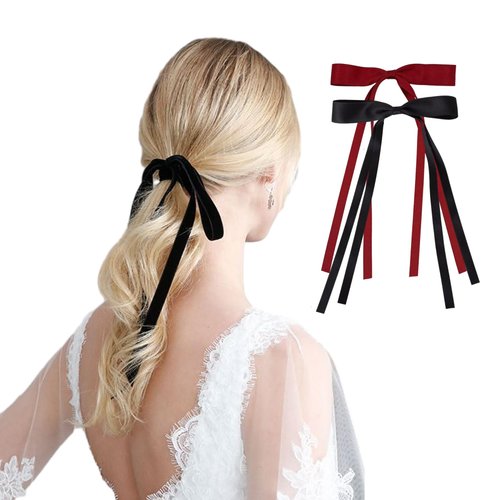 Frivievy Hair Ribbon Clips Hair Bows for Women Girls Simple Bow Clips Hair Bows with Small Long Tail Bow Accessories(Black,Red)