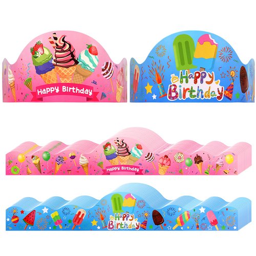 Waenerec 30 Pieces Birthday Crowns for Classroom Adjustable Cute Ice Cream Happy Birthday Hats Colorful Paper Birthday Crown for Kids Family School Teachers Students Party Supplies
