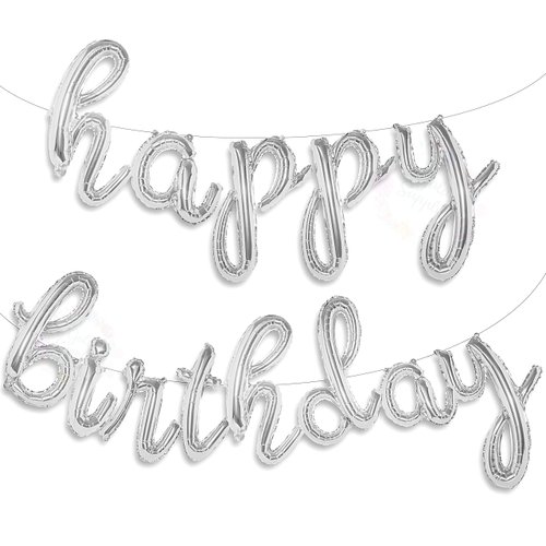 Silver Happy Birthday Balloons Banner | Script/Cursive Gold Letter Balloon Sign For Birthday Party Decor/Decoration | Foil Mylar Happy Birthday Banner (Silver)