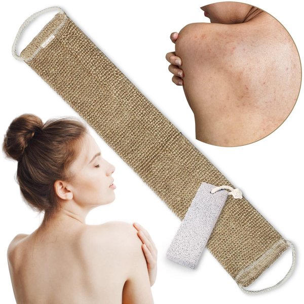 Back Scrubbers for use in Shower & Pumice Stone for Feet | Eco Friendly Exfoliating Body Scrubber & Lava Stone Foot Scrub | Dry Brushing Lufas Bath Accessories | Acne & Dead Skin Removal Long Brush