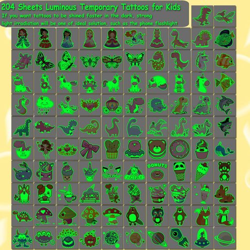 CHARLENT 204 PCS Individually Wrapped Luminous Temporary Tattoos for Kids - Glow in The Dark Fun Tattoos for Boys Girls Birthday Party Favors Goodie Bag Fillers