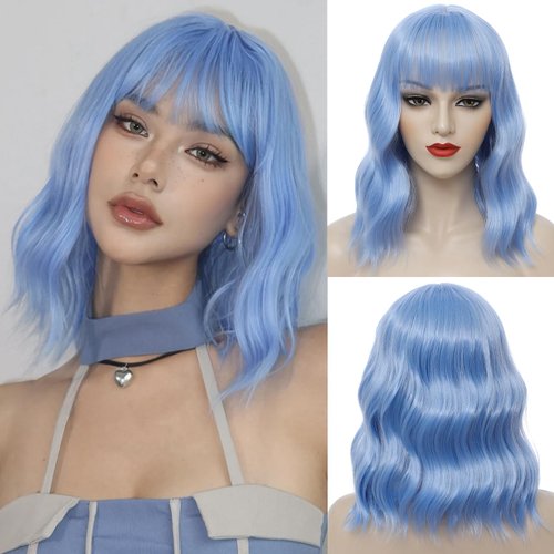 Light Blue Short Bob Wig with Bangs for Women Loose Wavy Wig Curly Wavy Shoulder Length Synthetic Bob Wigs for Girl Costume Cosplay Daily Use